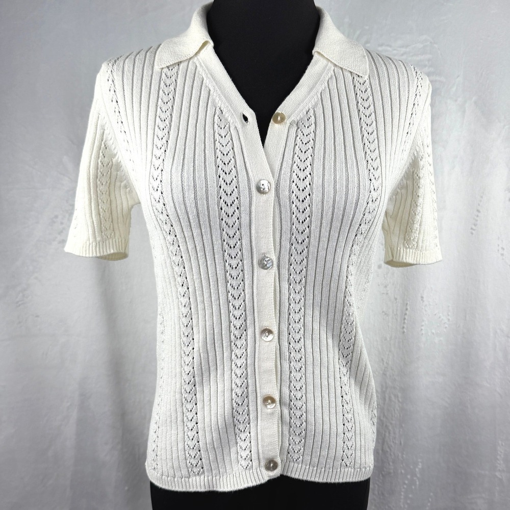 Vintage‎ Next Ribbed Pointelle Knit Cotton Top Parisian Chic Classic US 8